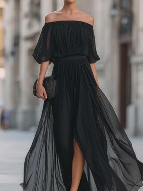 Black Off Shoulder Maxi Dress with Pleated Details
